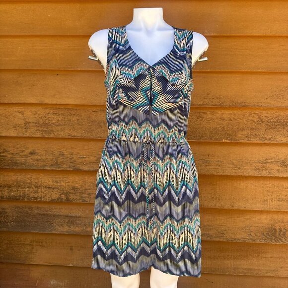 BeBop Blue & Multicolor Chevron Sleeveless Tie Waist Dress Size L - Picture 1 of 9